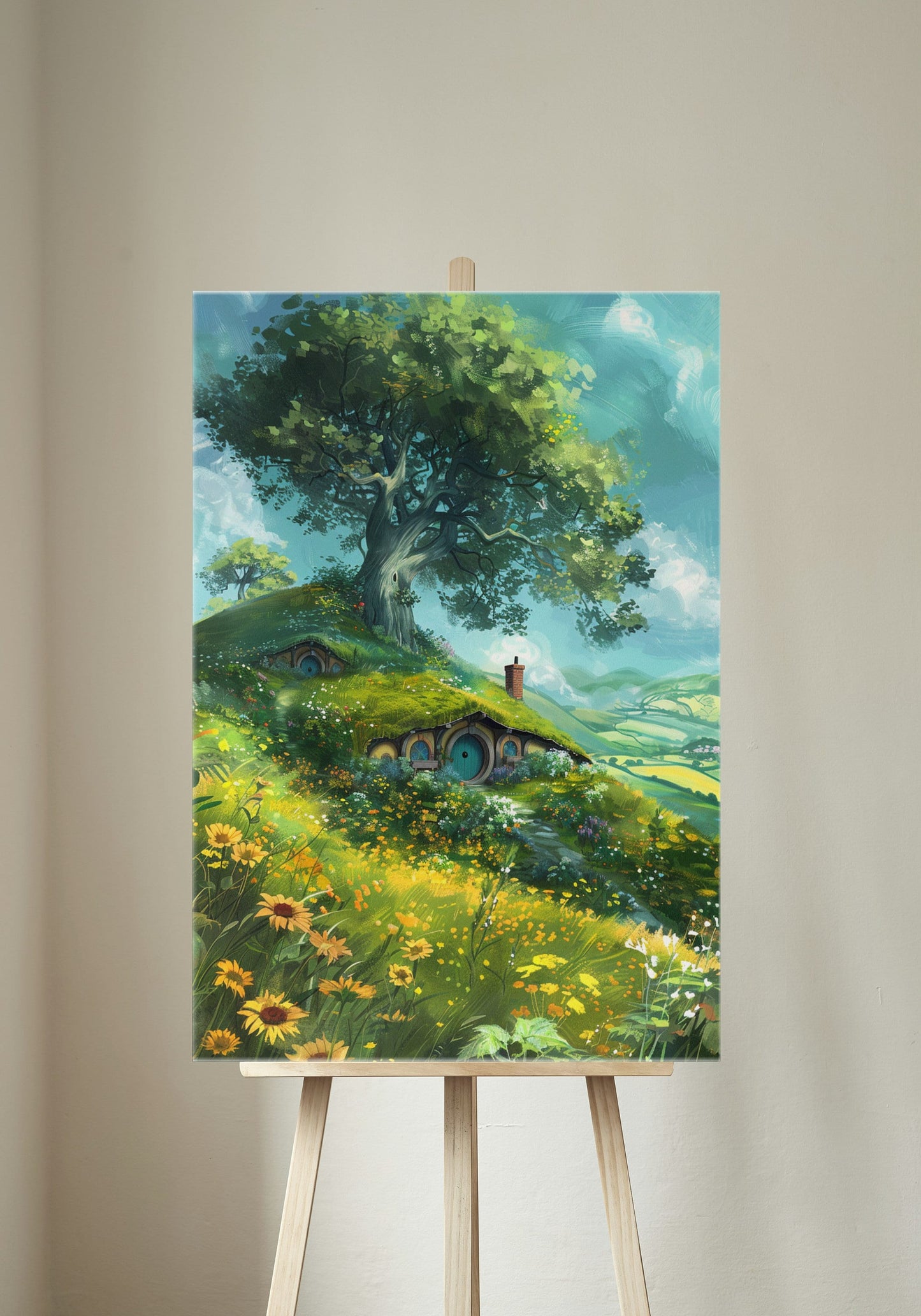 The Shire Oil Painting Stretched Canvas, Hobbitcore Wall Art, Hobbit Hole Hills Landscape, Fantasy House, Cozy Home Decor, Physical Print