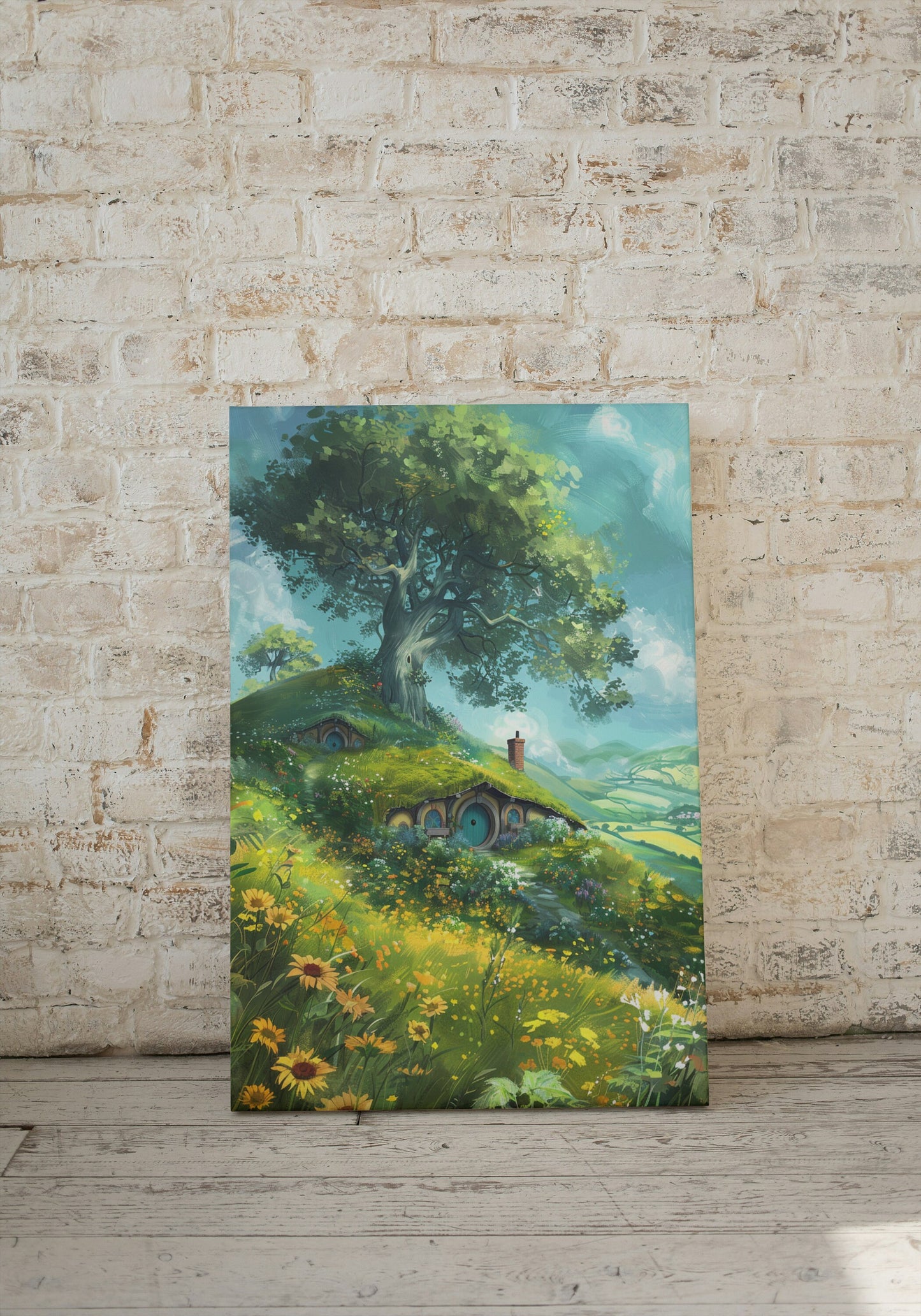 The Shire Oil Painting Stretched Canvas, Hobbitcore Wall Art, Hobbit Hole Hills Landscape, Fantasy House, Cozy Home Decor, Physical Print