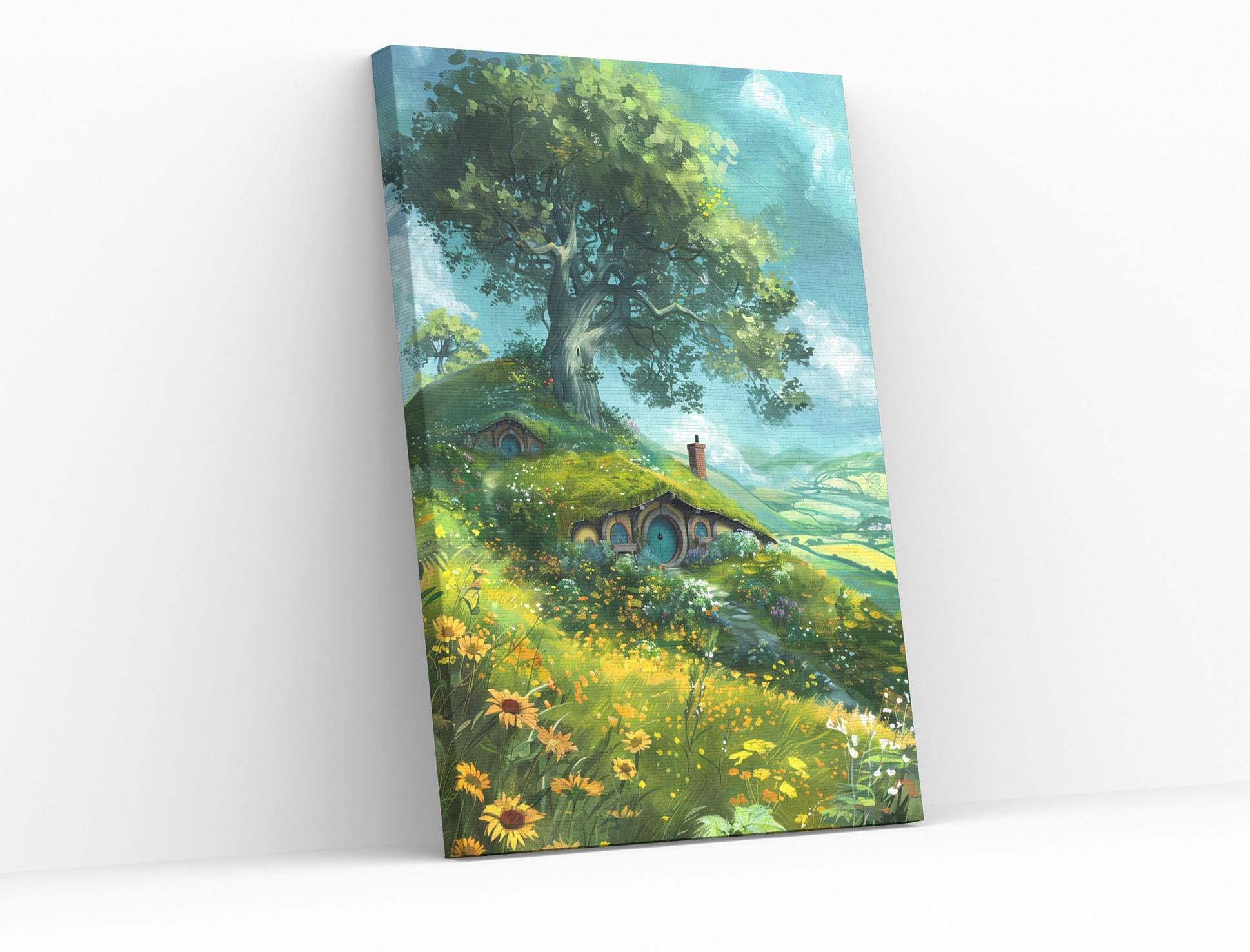 The Shire, with a hill of sunflowers, green grass, and a large tree overlooking the hilly fields of a fantasy world.