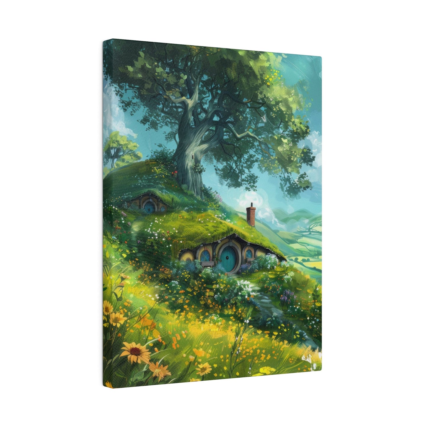 The Shire Oil Painting Stretched Canvas, Hobbitcore Wall Art, Hobbit Hole Hills Landscape, Fantasy House, Cozy Home Decor, Physical Print