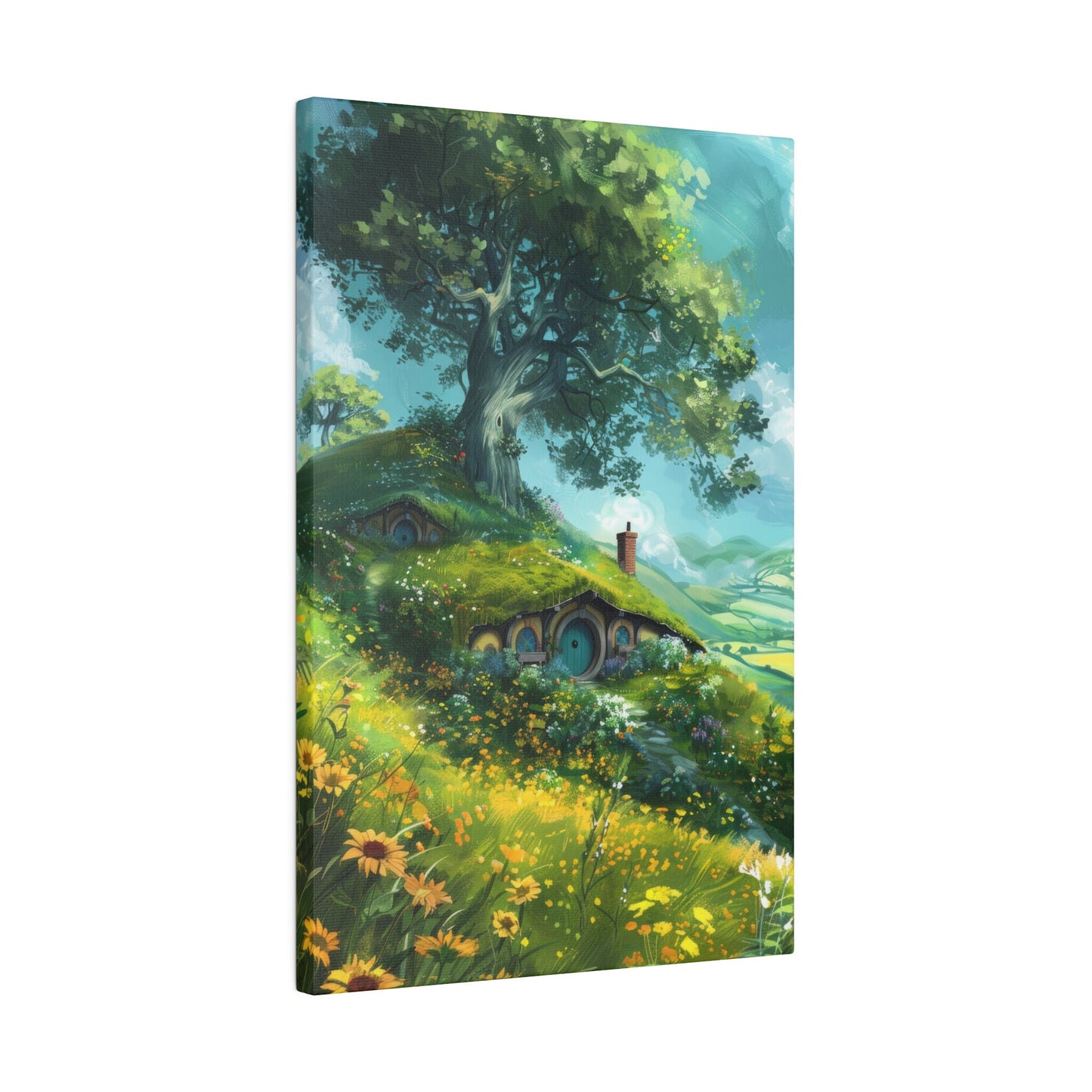 The Shire Oil Painting Stretched Canvas, Hobbitcore Wall Art, Hobbit Hole Hills Landscape, Fantasy House, Cozy Home Decor, Physical Print