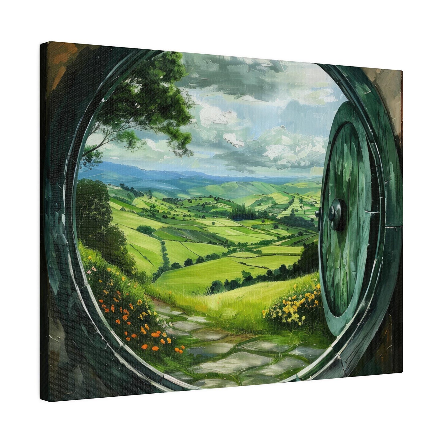 The Circle Door Horizontal Stretched Canvas, Hobbitcore Wall Art, Hobbit Hole Hill Landscape, Fantasy House, Cozy Home Decor, Physical Print