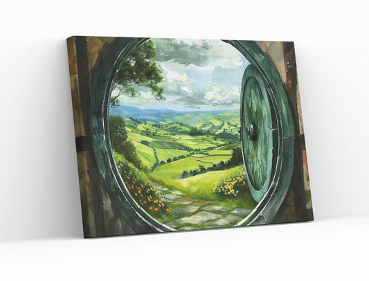 The Circle Door Horizontal Stretched Canvas, Hobbitcore Wall Art, Hobbit Hole Hill Landscape, Fantasy House, Cozy Home Decor, Physical Print