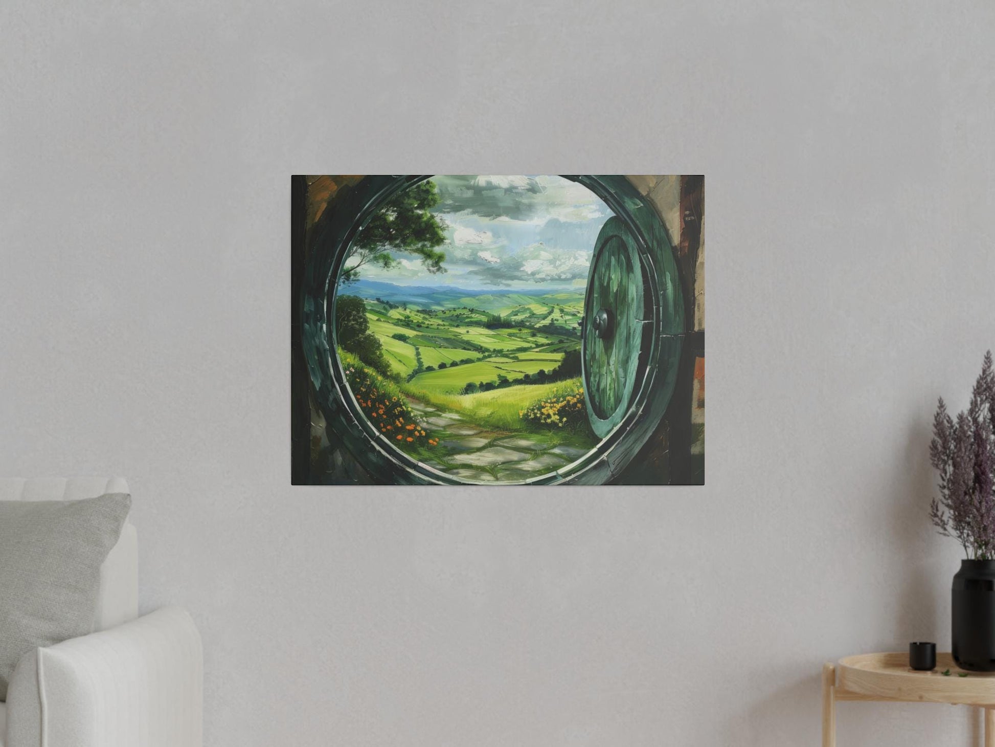 The Circle Door Horizontal Stretched Canvas, Hobbitcore Wall Art, Hobbit Hole Hill Landscape, Fantasy House, Cozy Home Decor, Physical Print