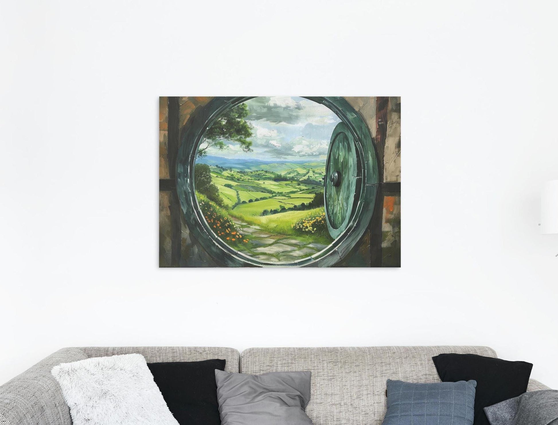 The Circle Door Horizontal Stretched Canvas, Hobbitcore Wall Art, Hobbit Hole Hill Landscape, Fantasy House, Cozy Home Decor, Physical Print