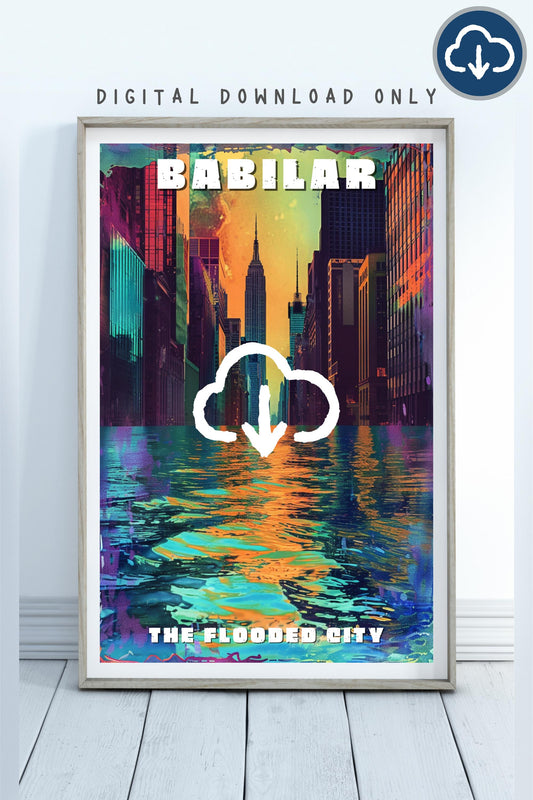 New Babilar Travel Poster, Babylon Restored, Flooded Manhattan, Brandon Sanderson's The Reckoners, Firefight, Digital Download