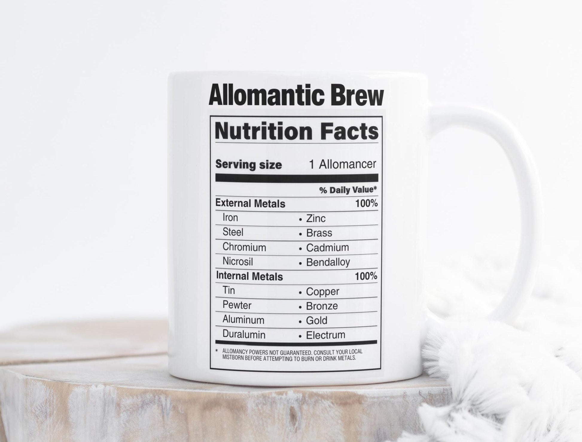 Allomantic Brew Mistborn Cosmere Metallic Mug, Gold and Silver Metal 11oz. Mug, Nutrition Label Coffee Cup, Inspired by Brandon Sanderson