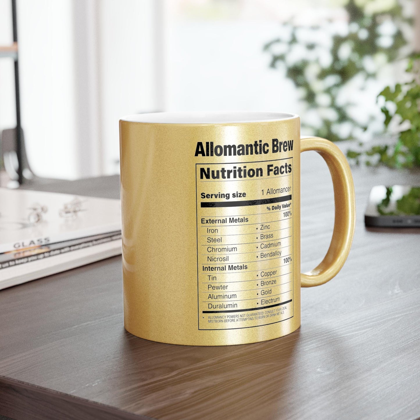 Allomantic Brew Mistborn Cosmere Metallic Mug, Gold and Silver Metal 11oz. Mug, Nutrition Label Coffee Cup, Inspired by Brandon Sanderson