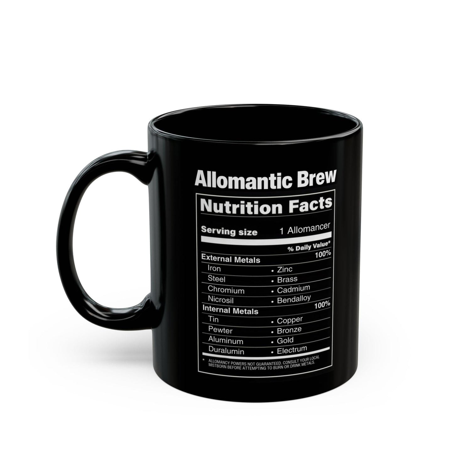 Allomantic Brew Mistborn Cosmere Metallic Mug, Gold and Silver Metal 11oz. Mug, Nutrition Label Coffee Cup, Inspired by Brandon Sanderson