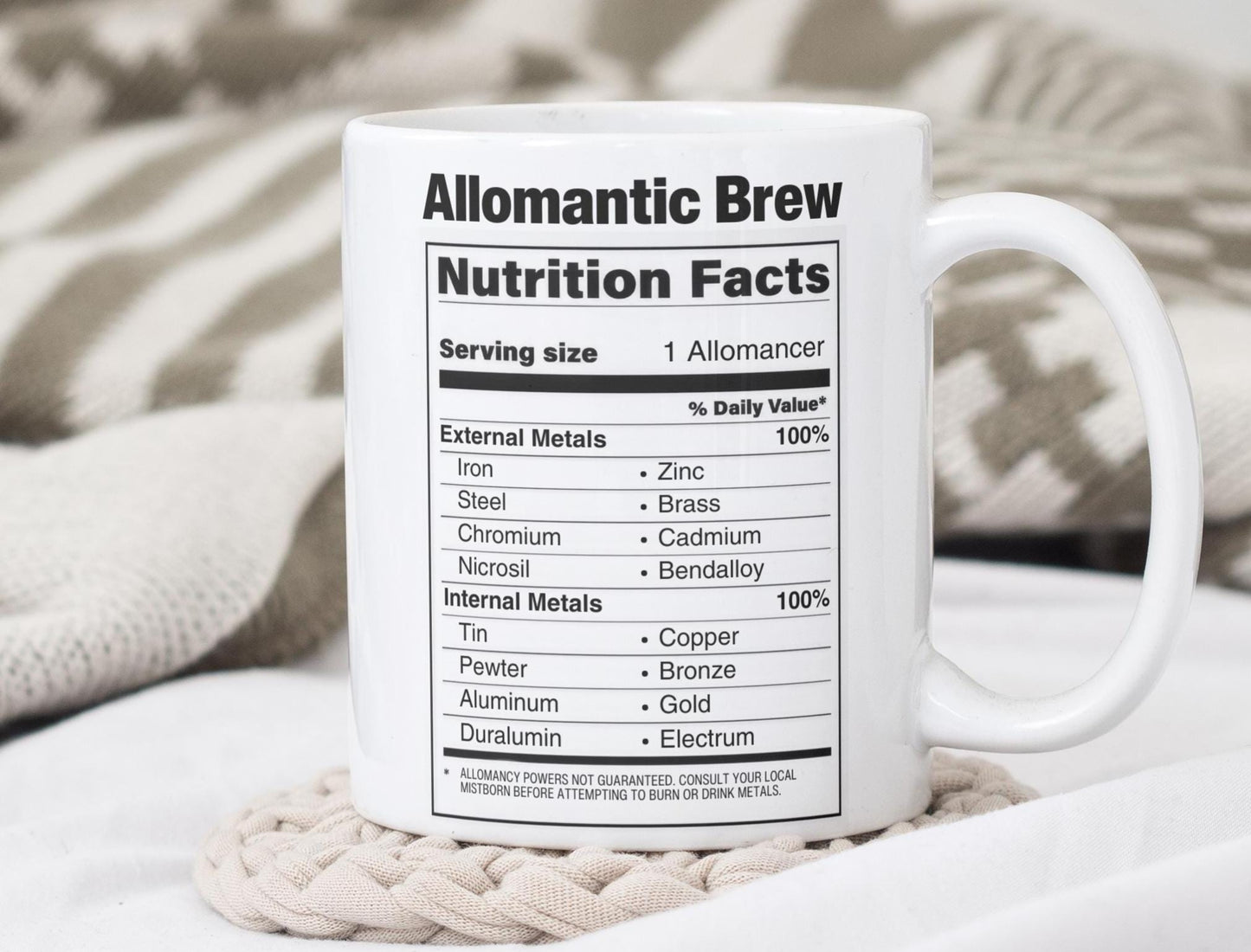 Allomantic Brew Mistborn Cosmere Metallic Mug, Gold and Silver Metal 11oz. Mug, Nutrition Label Coffee Cup, Inspired by Brandon Sanderson