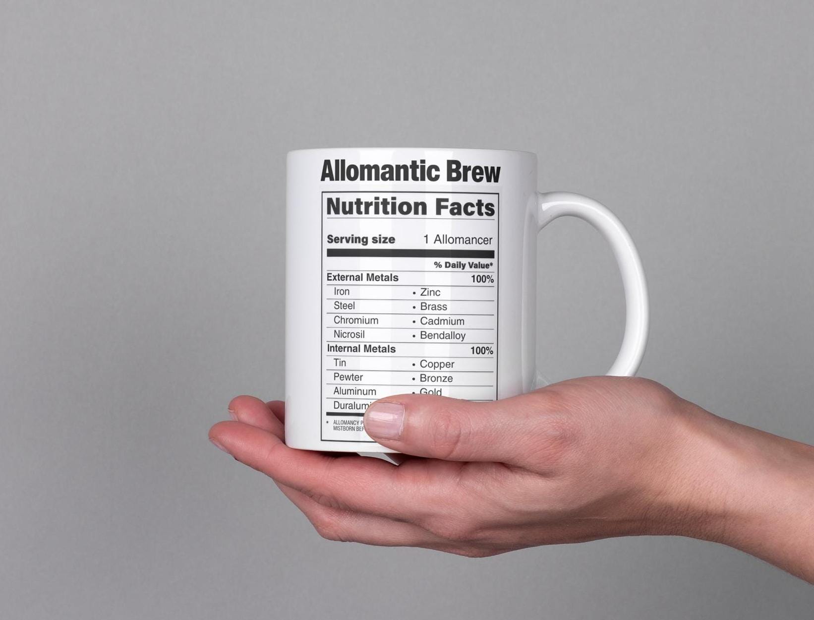 Allomantic Brew Mistborn Cosmere Metallic Mug, Gold and Silver Metal 11oz. Mug, Nutrition Label Coffee Cup, Inspired by Brandon Sanderson